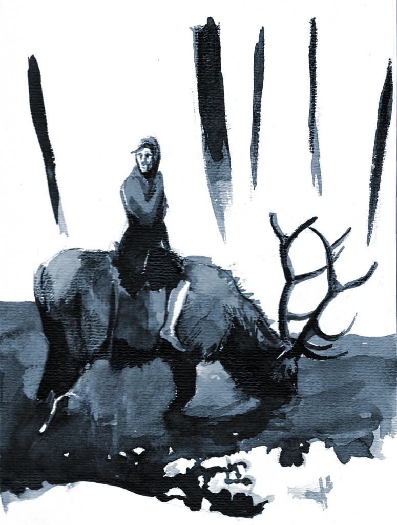 Women Riding an Elk and disappearing into a river in the dead of winter, Blood Winter for Mountain Gazette