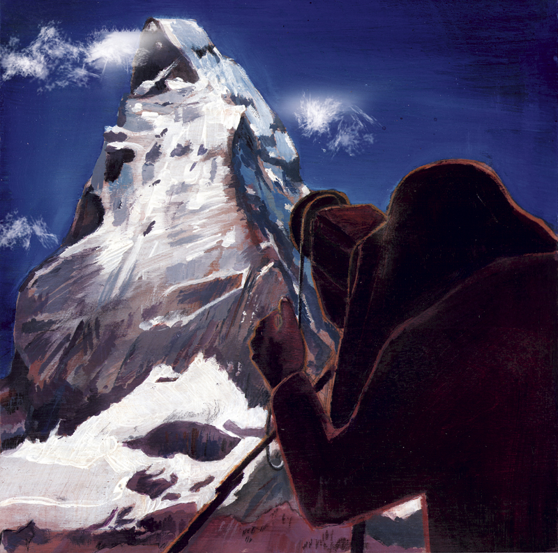 Photographer using an old camera to take a picture of the Matterhorn. Painting for Climbing Magazine