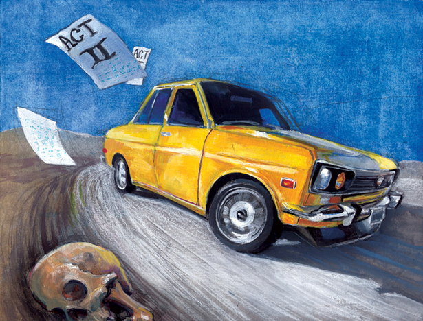 Painting of a yellow car racing on road for a story in Climbing Magazine about finishing a script while on a road trip