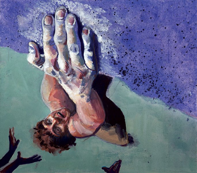 Painting of a bolder climber holding on view from above for Climbing Magazine Tech Tip section
