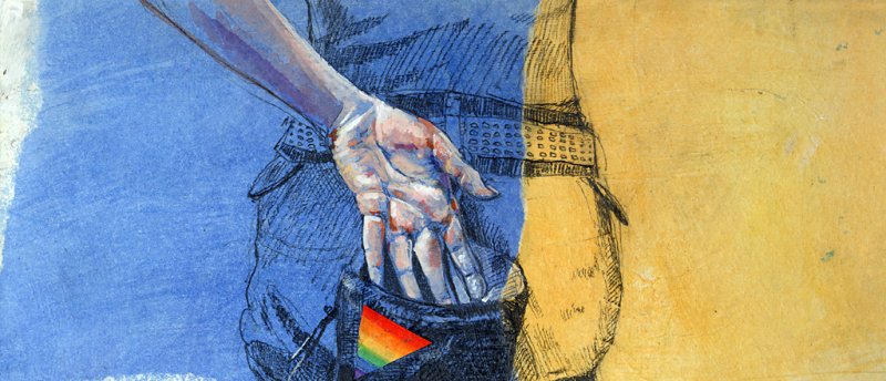 Pride patch on a chalk bag with climber reaching in for an article from Climbing Magazine