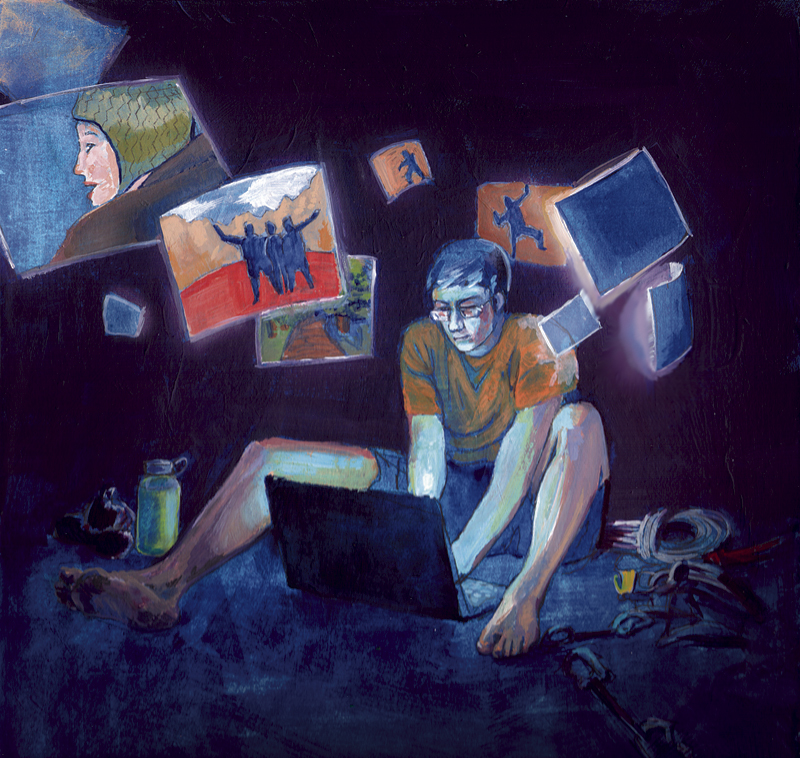 Painting of a person sitting at a laptop working late in the night to edit photos, photos floating around for Climbing Magazine