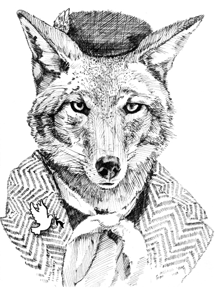 Drawing of a Coyote wearing a sweater and bonnet with pin of peace dove