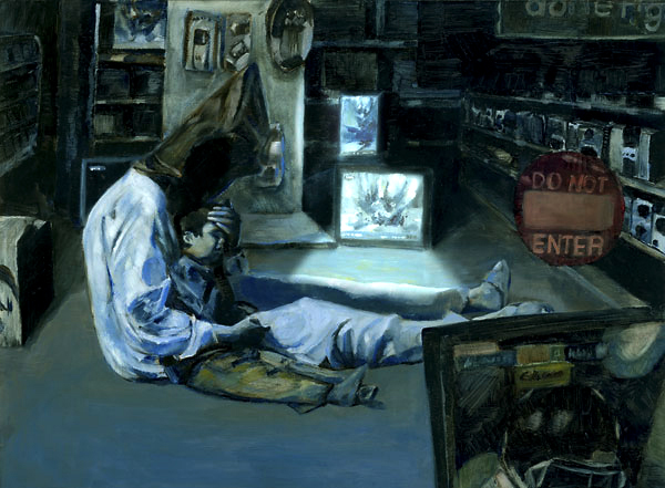 A prisoner holding child with hood over head inside an electronics store. Middle East Conflict - Oil on panel