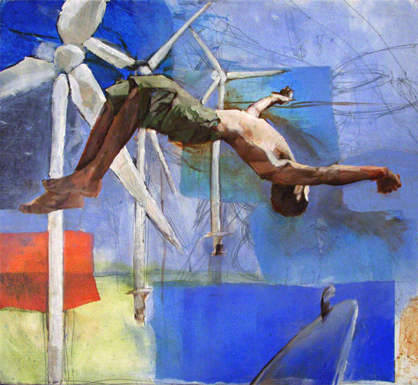 Series - Joy of our Oceans, Person doing a backflip off a surfboard with wind generators out in the ocean, mixed media