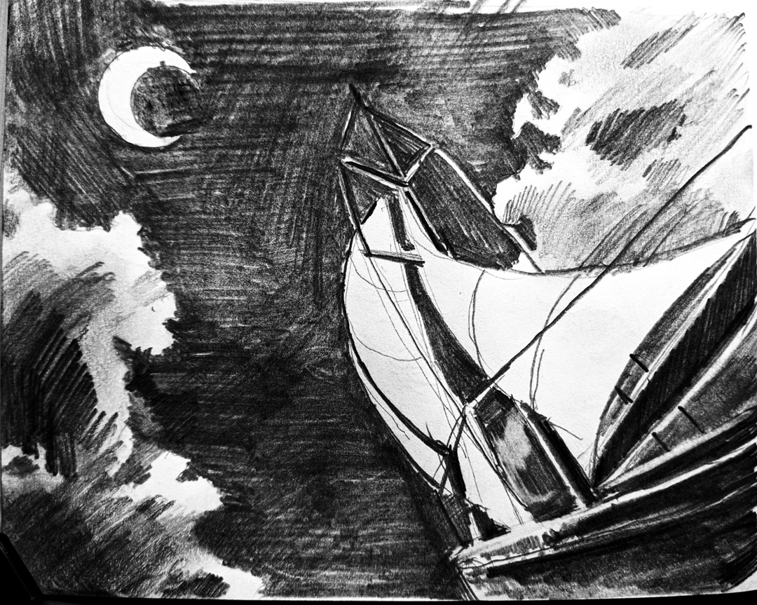 Sailboat in view from sea level looking up at the moon as it crosses from right to left