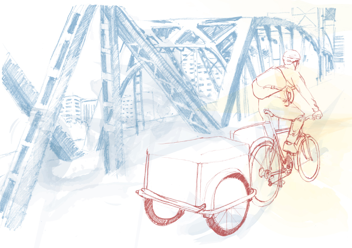 Illustration of biker crossing a familiar bridge in Portland Oregon made in three colors as a sketch